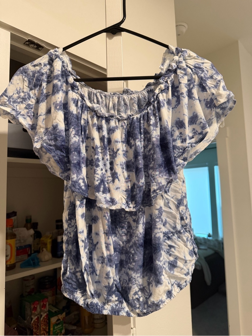 Women's Blue Tie-Dye Ruffle Off-Shoulder Blouse